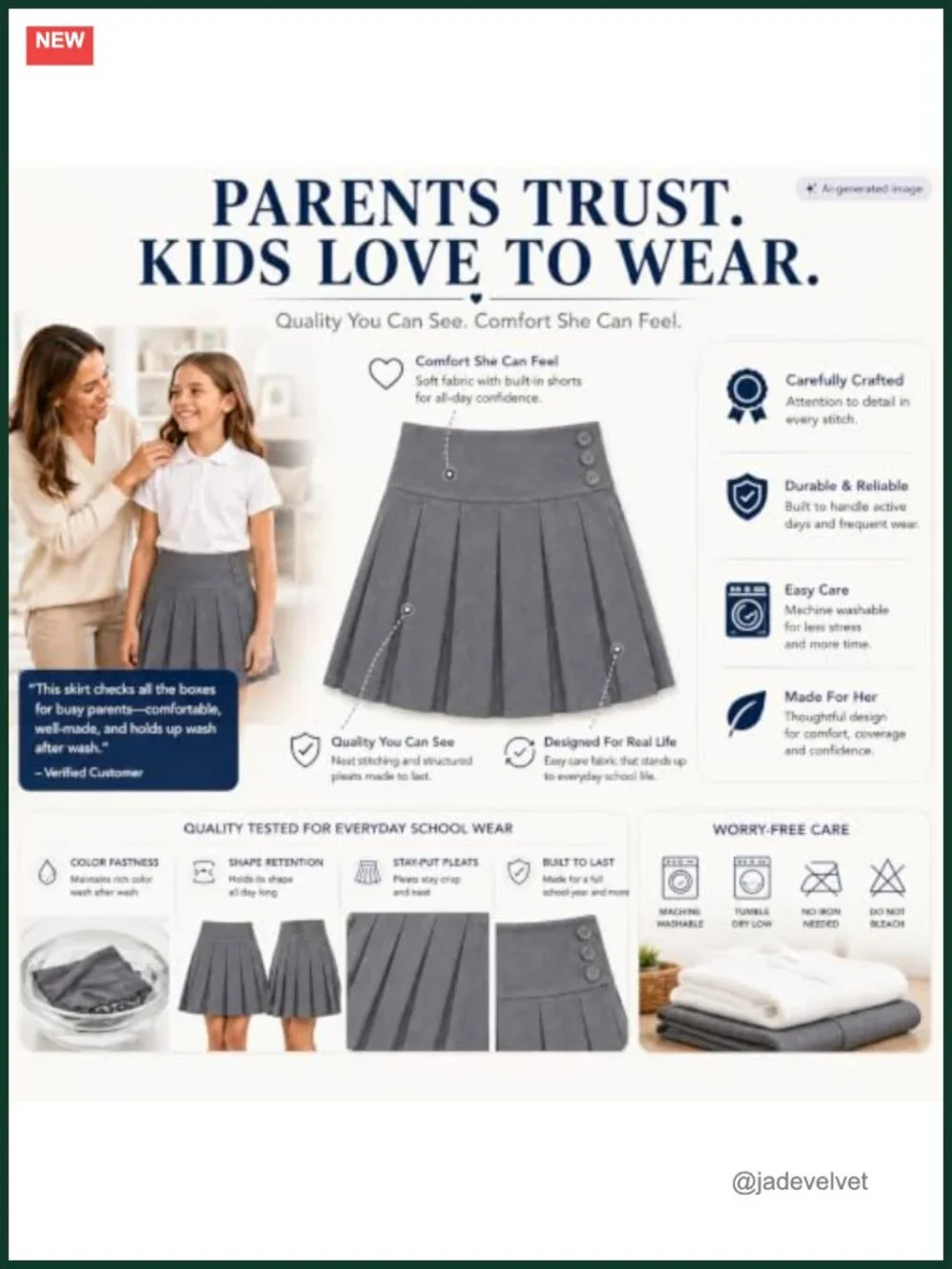 Girls School Uniform Pleated Skort Adjustable Waist Stretchy
